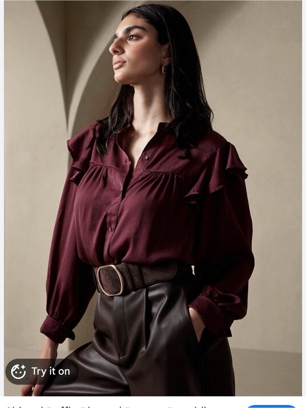 2 for $20 sale: Banana Republic factory Burgundy Ruffle Button Down Blouse - Picture 1 of 5